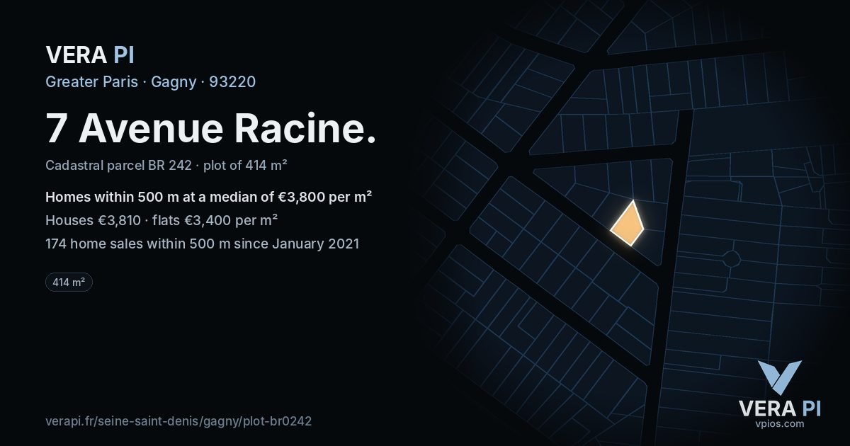 7 Avenue Racine, Gagny at night – the plot lit, the parcels around coloured by the prices near them