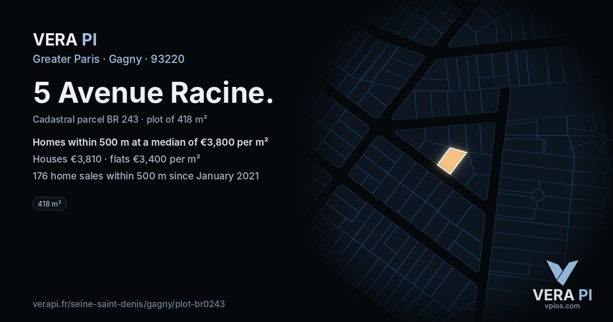 5 Avenue Racine, Gagny at night – the plot lit, the parcels around coloured by the prices near them