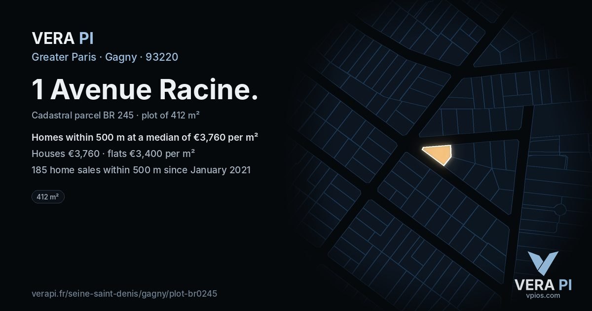 1 Avenue Racine, Gagny at night – the plot lit, the parcels around coloured by the prices near them