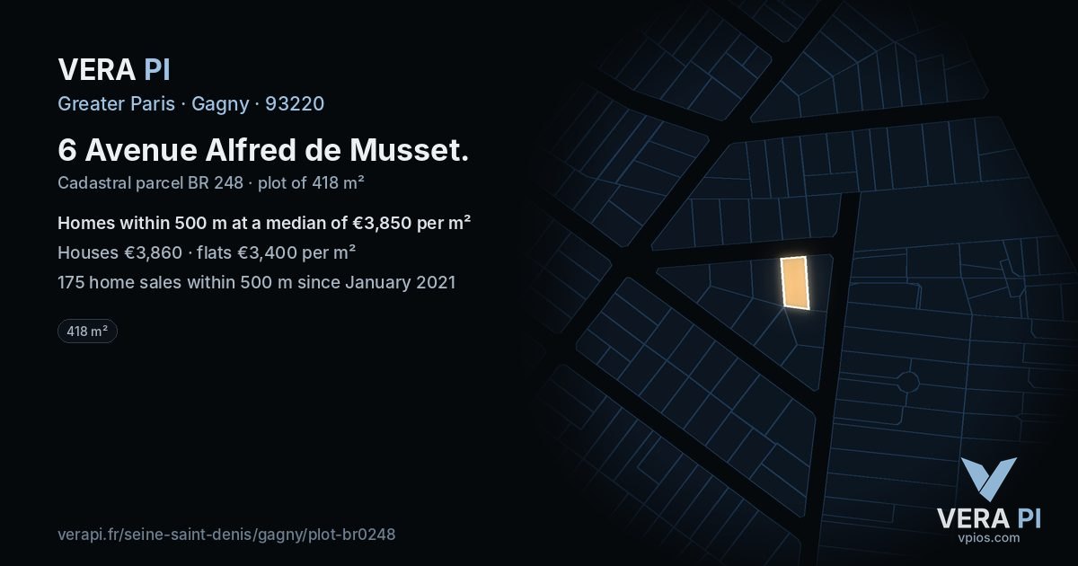6 Avenue Alfred de Musset, Gagny at night – the plot lit, the parcels around coloured by the prices near them