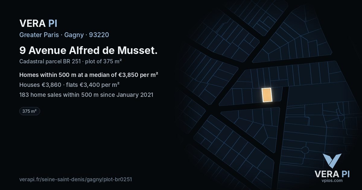 9 Avenue Alfred de Musset, Gagny at night – the plot lit, the parcels around coloured by the prices near them