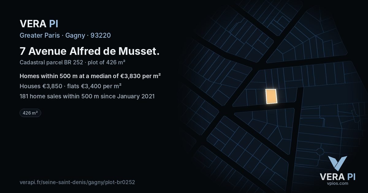 7 Avenue Alfred de Musset, Gagny at night – the plot lit, the parcels around coloured by the prices near them