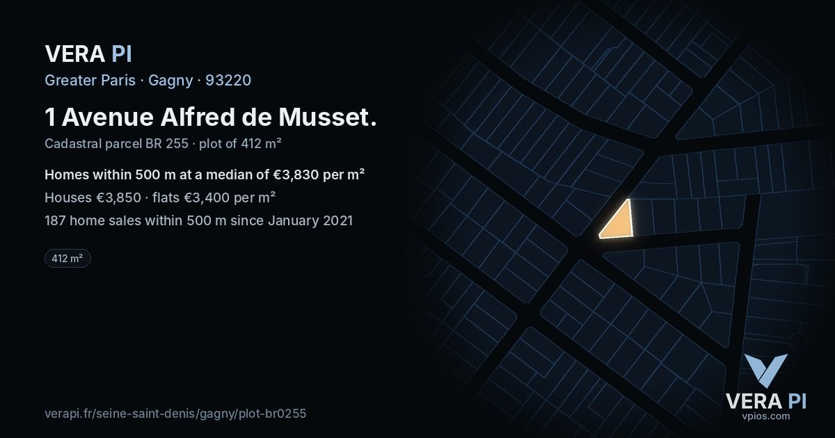 1 Avenue Alfred de Musset, Gagny at night – the plot lit, the parcels around coloured by the prices near them