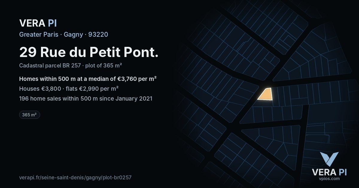29 Rue du Petit Pont, Gagny at night – the plot lit, the parcels around coloured by the prices near them