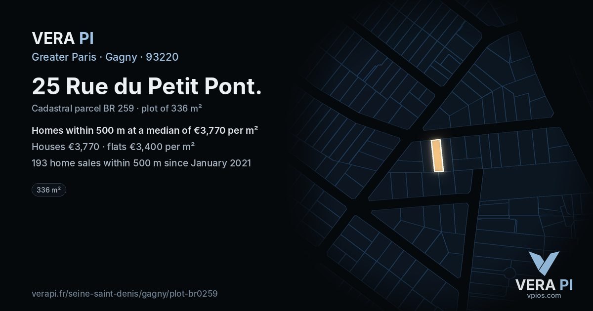 25 Rue du Petit Pont, Gagny at night – the plot lit, the parcels around coloured by the prices near them