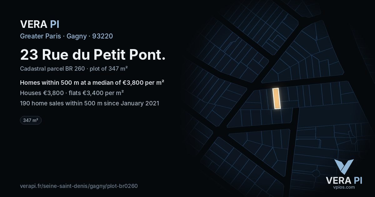 23 Rue du Petit Pont, Gagny at night – the plot lit, the parcels around coloured by the prices near them