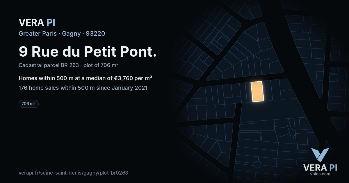 9 Rue du Petit Pont, Gagny at night – the plot lit, the parcels around coloured by the prices near them