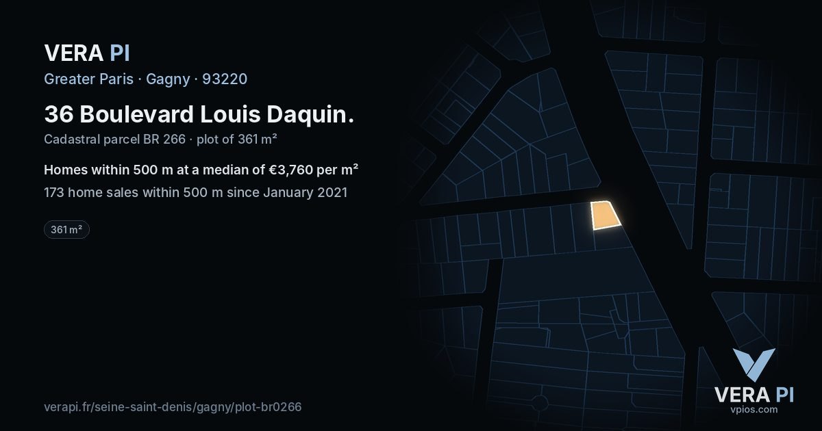 36 Boulevard Louis Daquin, Gagny at night – the plot lit, the parcels around coloured by the prices near them
