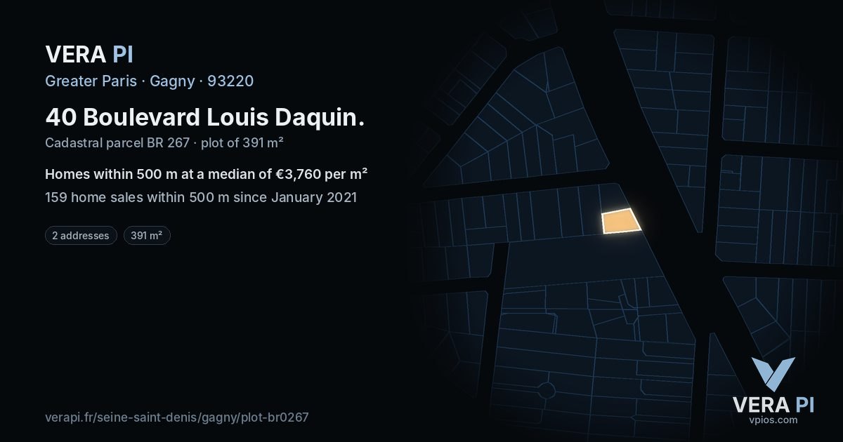 40 Boulevard Louis Daquin, Gagny at night – the plot lit, the parcels around coloured by the prices near them