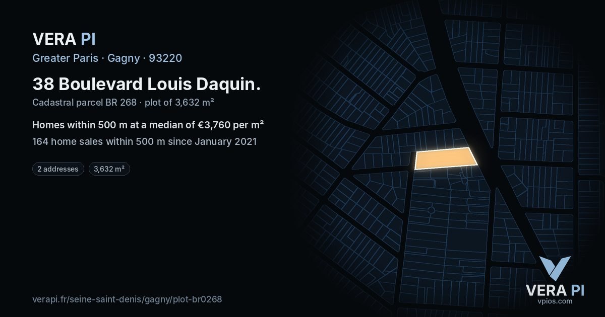 38 Boulevard Louis Daquin, Gagny at night – the plot lit, the parcels around coloured by the prices near them
