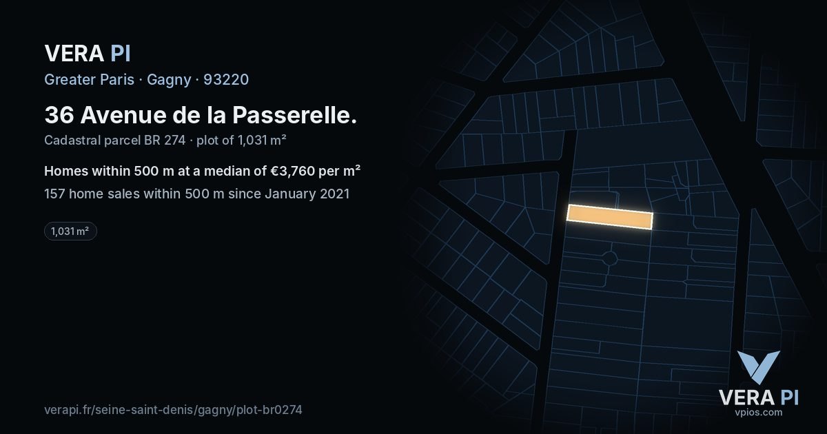 36 Avenue de la Passerelle, Gagny at night – the plot lit, the parcels around coloured by the prices near them