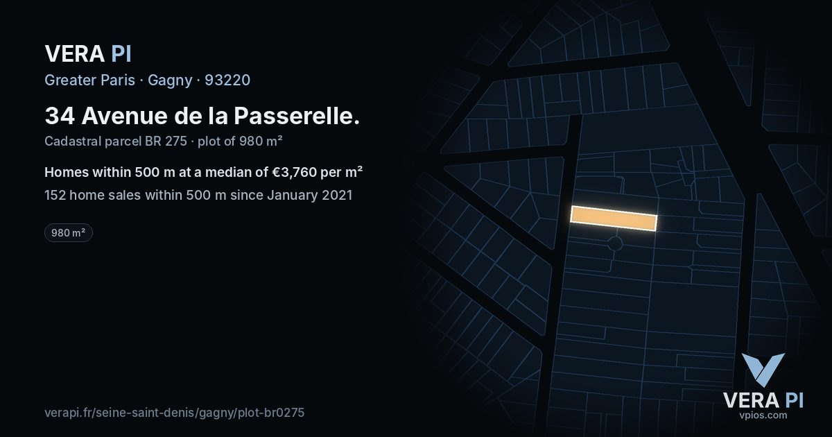 34 Avenue de la Passerelle, Gagny at night – the plot lit, the parcels around coloured by the prices near them