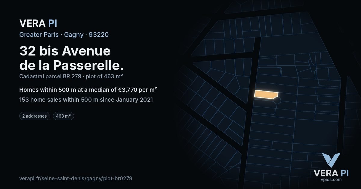 32 bis Avenue de la Passerelle, Gagny at night – the plot lit, the parcels around coloured by the prices near them