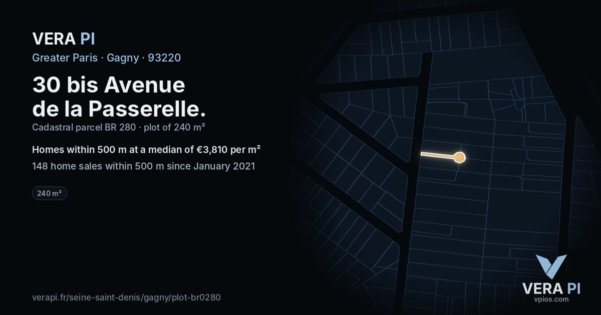 30 bis Avenue de la Passerelle, Gagny at night – the plot lit, the parcels around coloured by the prices near them