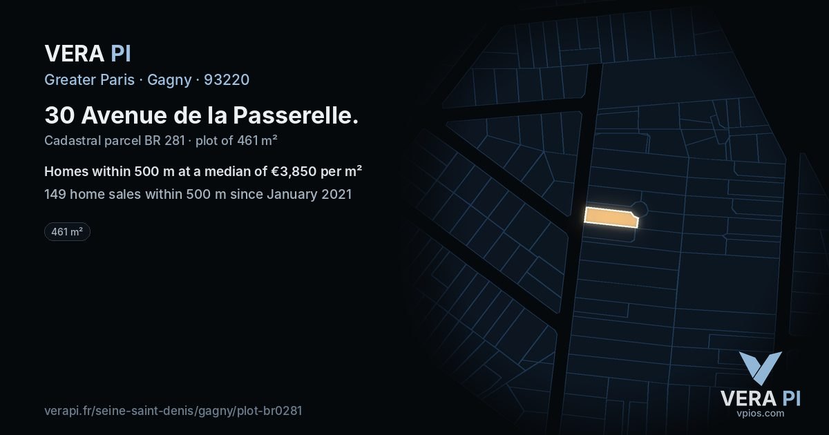 30 Avenue de la Passerelle, Gagny at night – the plot lit, the parcels around coloured by the prices near them