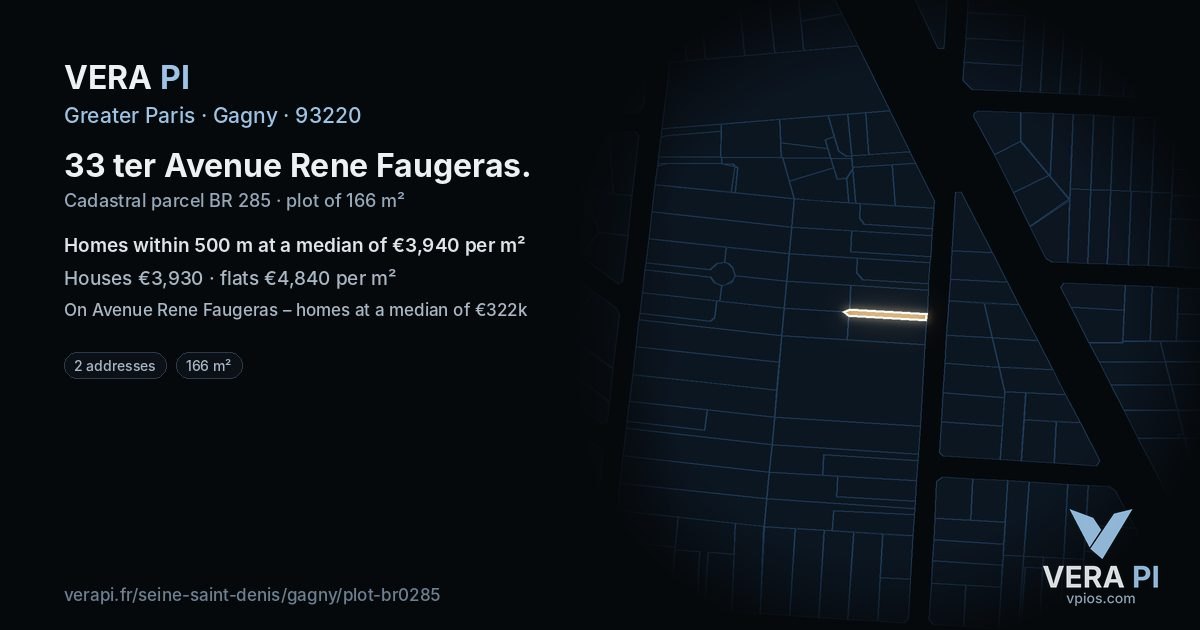 33 ter Avenue Rene Faugeras, Gagny at night – the plot lit, the parcels around coloured by the prices near them