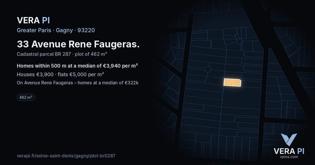 33 Avenue Rene Faugeras, Gagny at night – the plot lit, the parcels around coloured by the prices near them