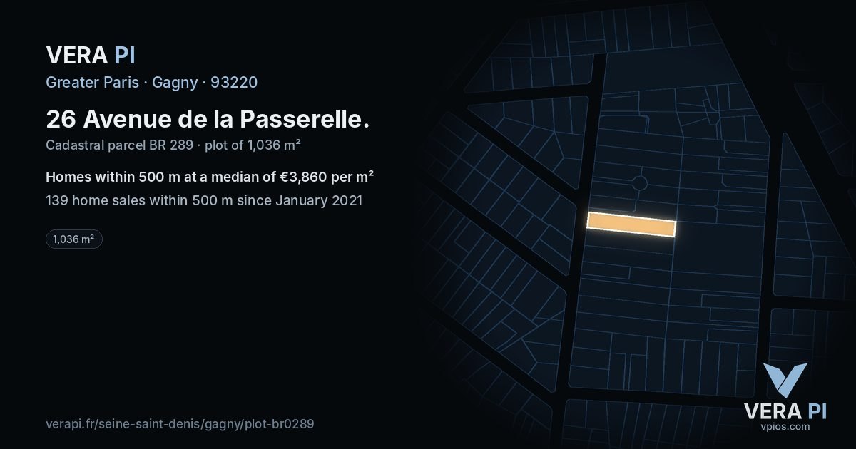 26 Avenue de la Passerelle, Gagny at night – the plot lit, the parcels around coloured by the prices near them