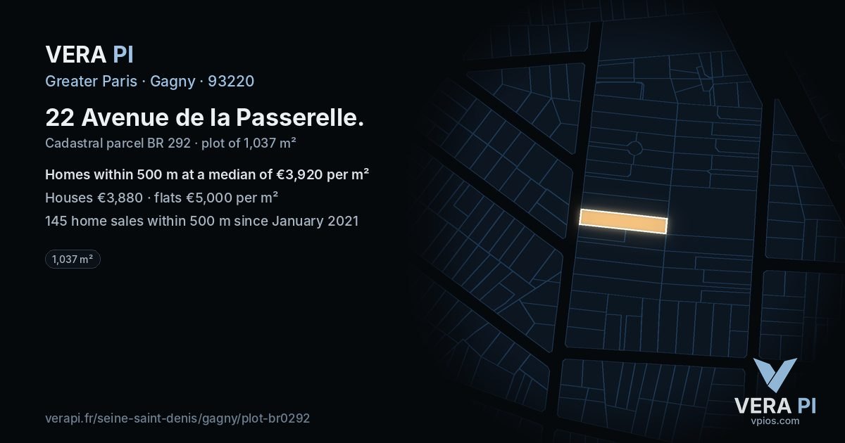 22 Avenue de la Passerelle, Gagny at night – the plot lit, the parcels around coloured by the prices near them