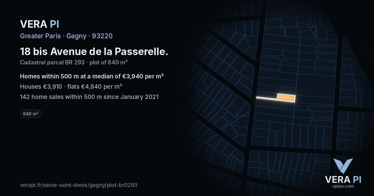 18 bis Avenue de la Passerelle, Gagny at night – the plot lit, the parcels around coloured by the prices near them