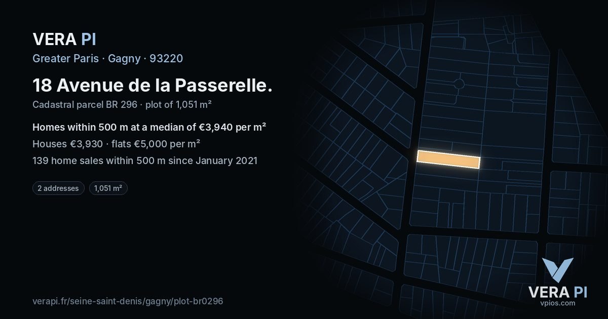18 Avenue de la Passerelle, Gagny at night – the plot lit, the parcels around coloured by the prices near them