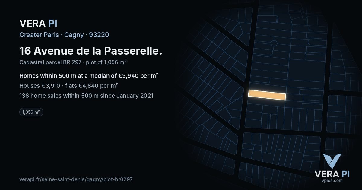 16 Avenue de la Passerelle, Gagny at night – the plot lit, the parcels around coloured by the prices near them