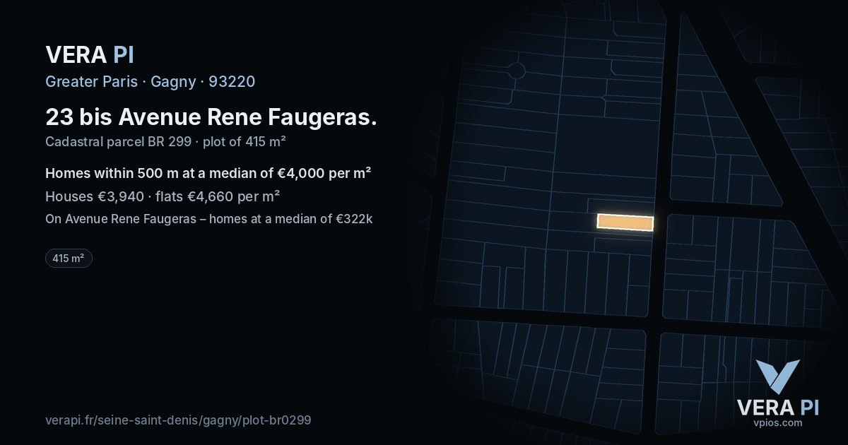23 bis Avenue Rene Faugeras, Gagny at night – the plot lit, the parcels around coloured by the prices near them