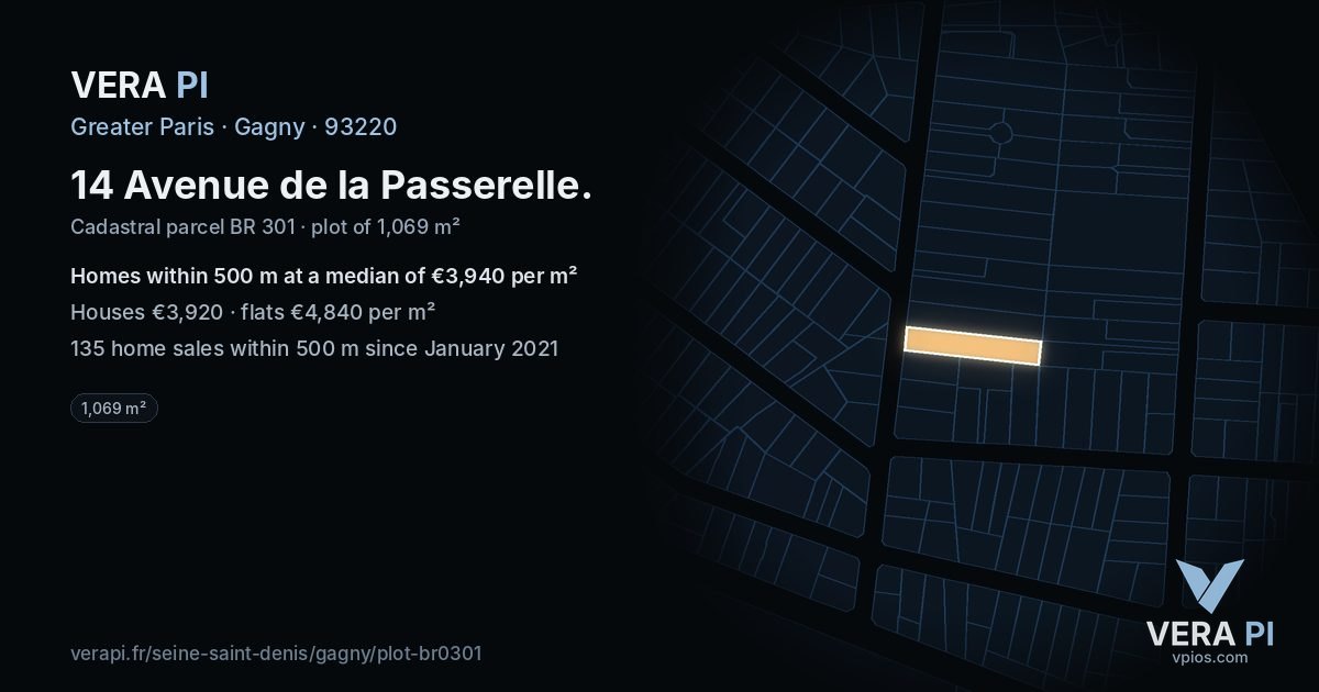 14 Avenue de la Passerelle, Gagny at night – the plot lit, the parcels around coloured by the prices near them