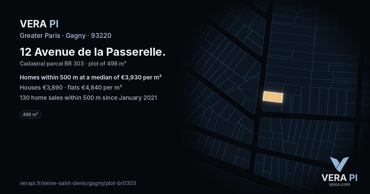 12 Avenue de la Passerelle, Gagny at night – the plot lit, the parcels around coloured by the prices near them
