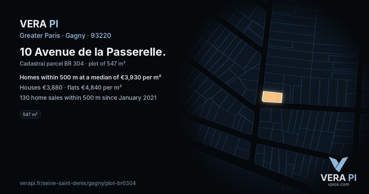 10 Avenue de la Passerelle, Gagny at night – the plot lit, the parcels around coloured by the prices near them