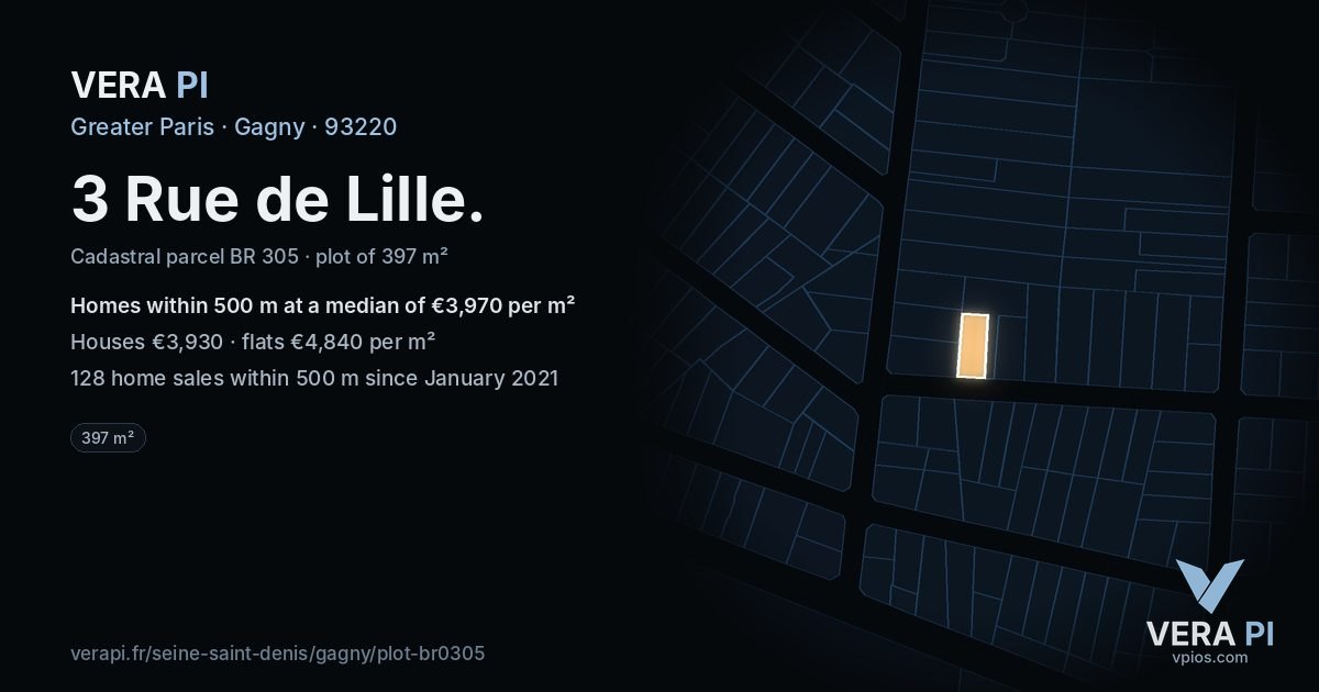 3 Rue de Lille, Gagny at night – the plot lit, the parcels around coloured by the prices near them