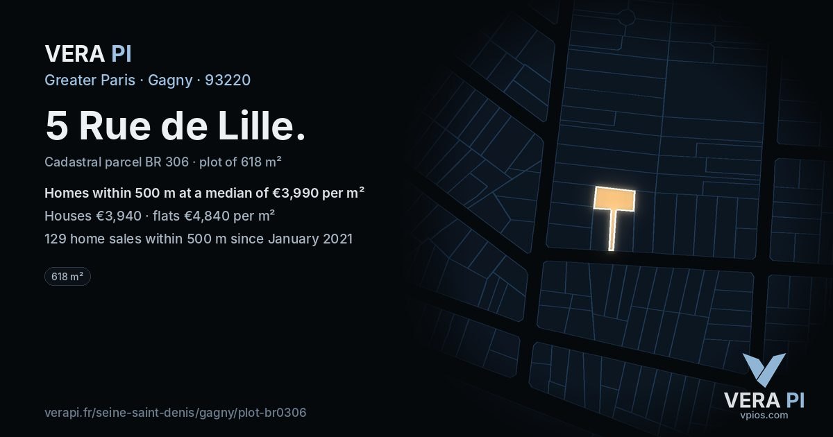 5 Rue de Lille, Gagny at night – the plot lit, the parcels around coloured by the prices near them