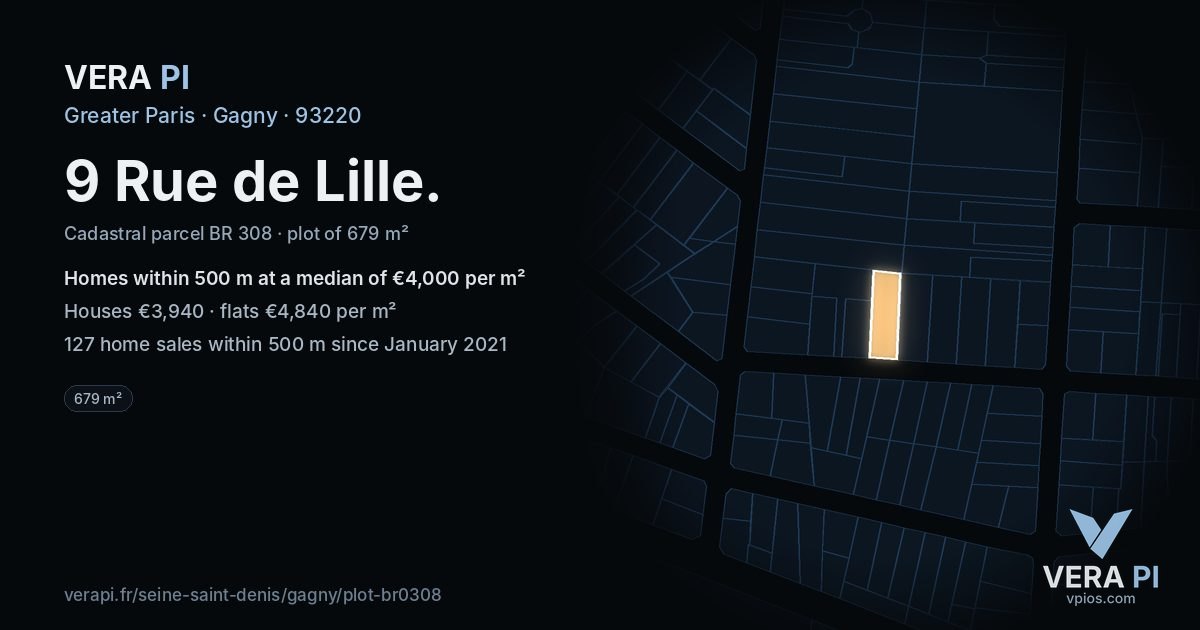 9 Rue de Lille, Gagny at night – the plot lit, the parcels around coloured by the prices near them