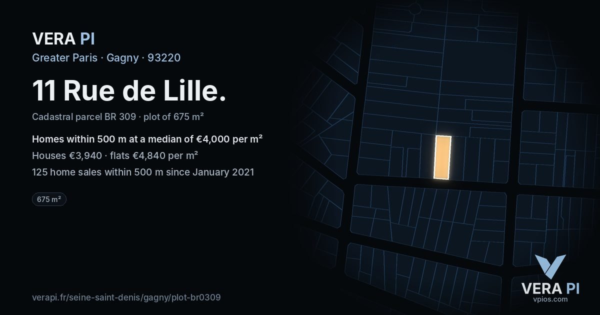 11 Rue de Lille, Gagny at night – the plot lit, the parcels around coloured by the prices near them