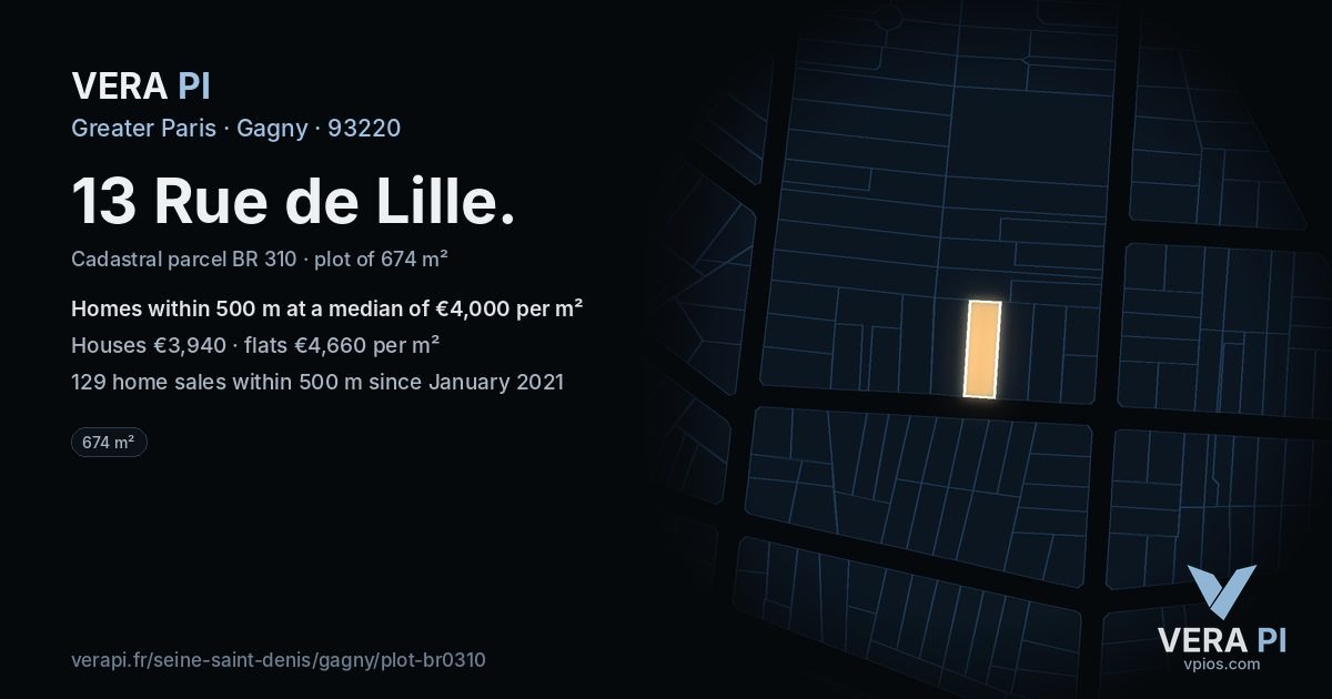 13 Rue de Lille, Gagny at night – the plot lit, the parcels around coloured by the prices near them