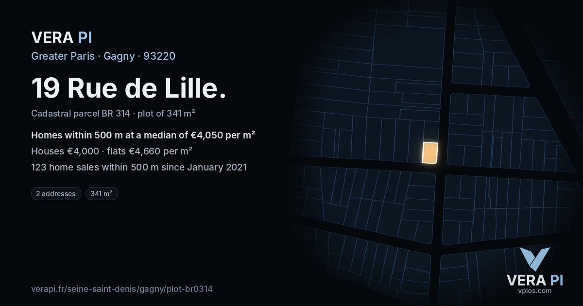 19 Rue de Lille, Gagny at night – the plot lit, the parcels around coloured by the prices near them