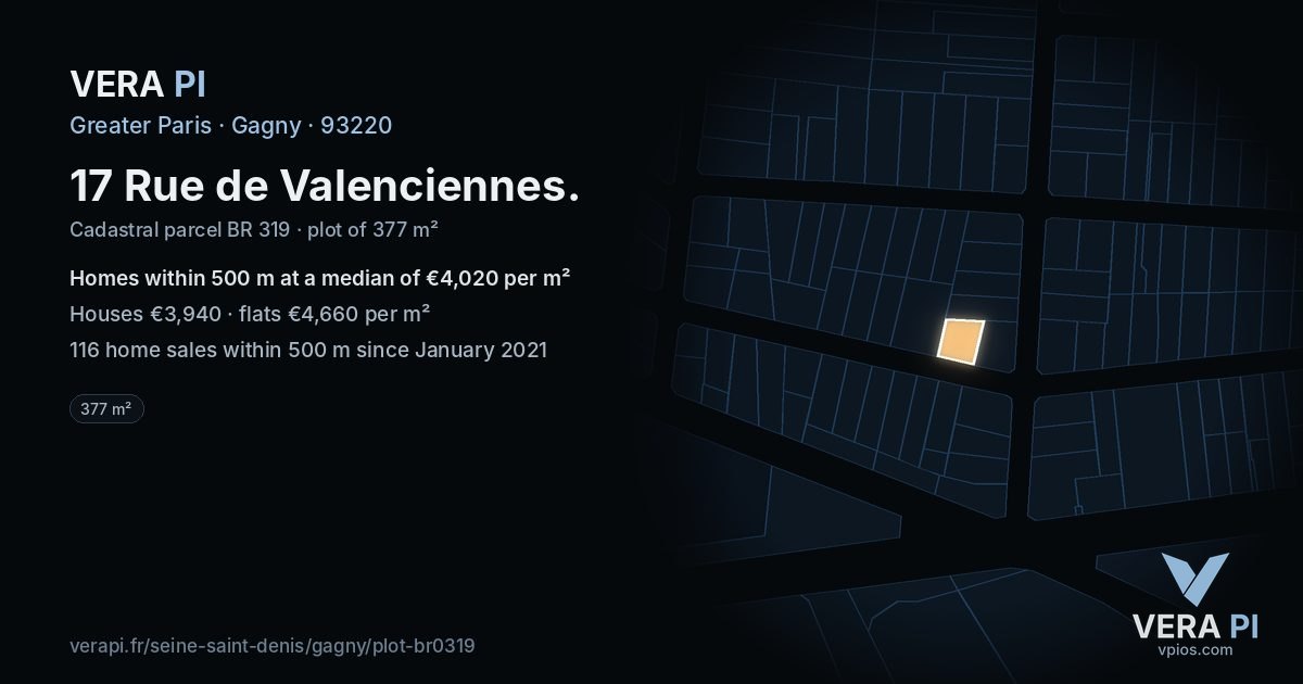17 Rue de Valenciennes, Gagny at night – the plot lit, the parcels around coloured by the prices near them