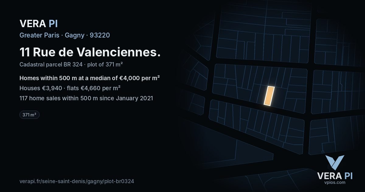 11 Rue de Valenciennes, Gagny at night – the plot lit, the parcels around coloured by the prices near them
