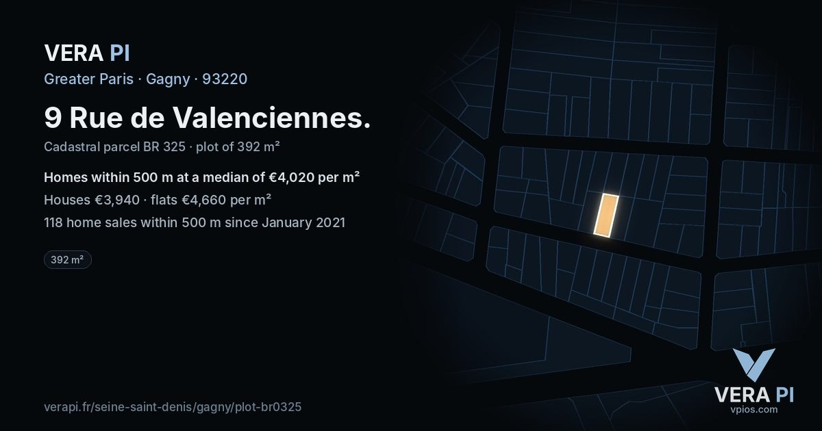 9 Rue de Valenciennes, Gagny at night – the plot lit, the parcels around coloured by the prices near them
