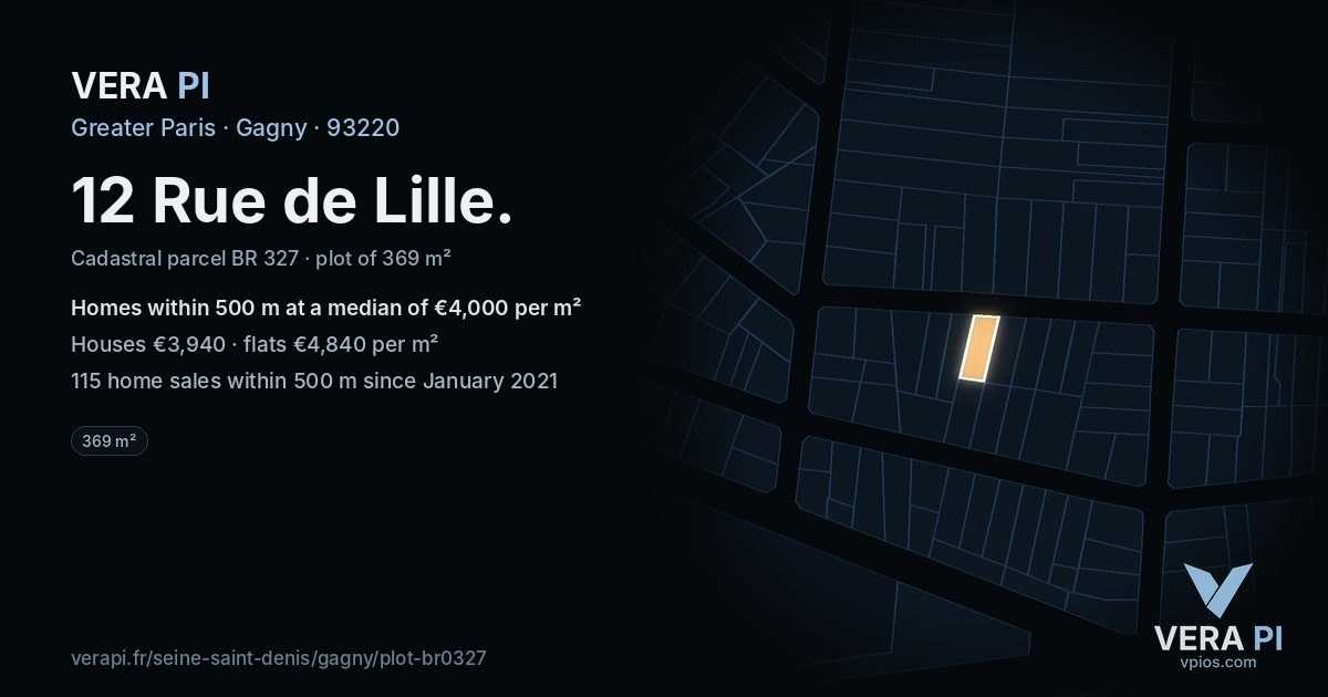 12 Rue de Lille, Gagny at night – the plot lit, the parcels around coloured by the prices near them