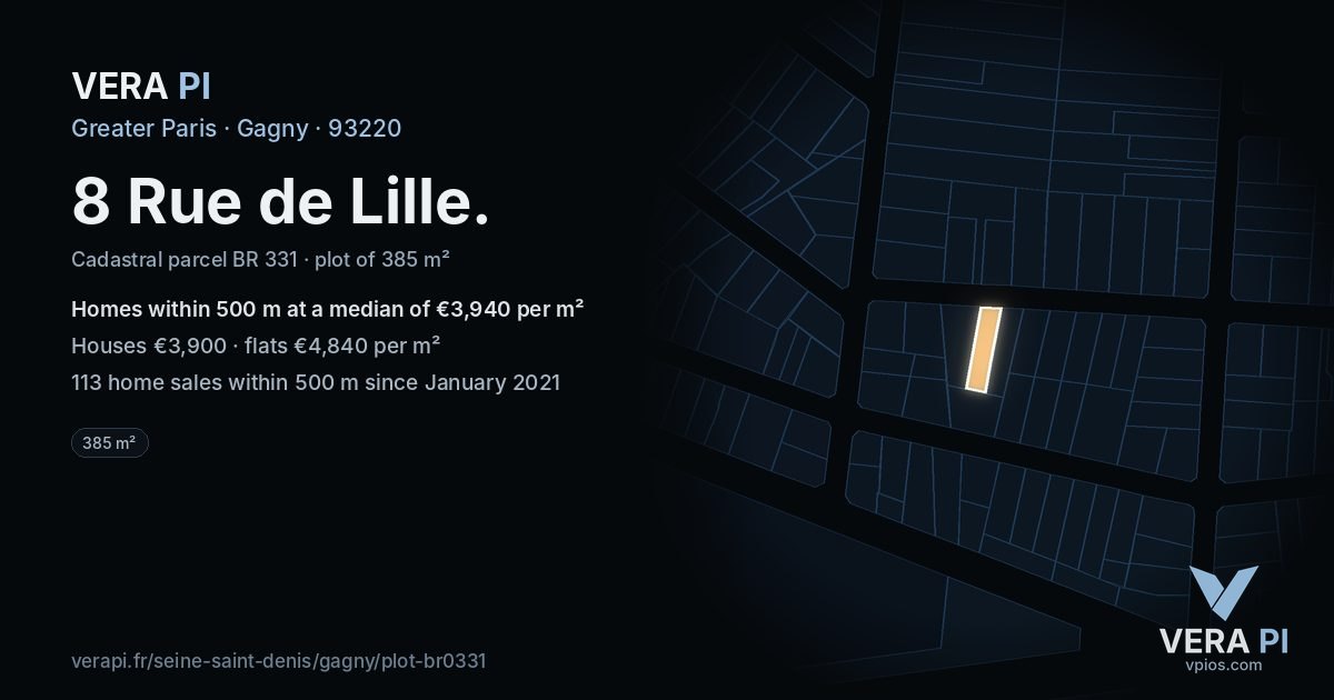 8 Rue de Lille, Gagny at night – the plot lit, the parcels around coloured by the prices near them