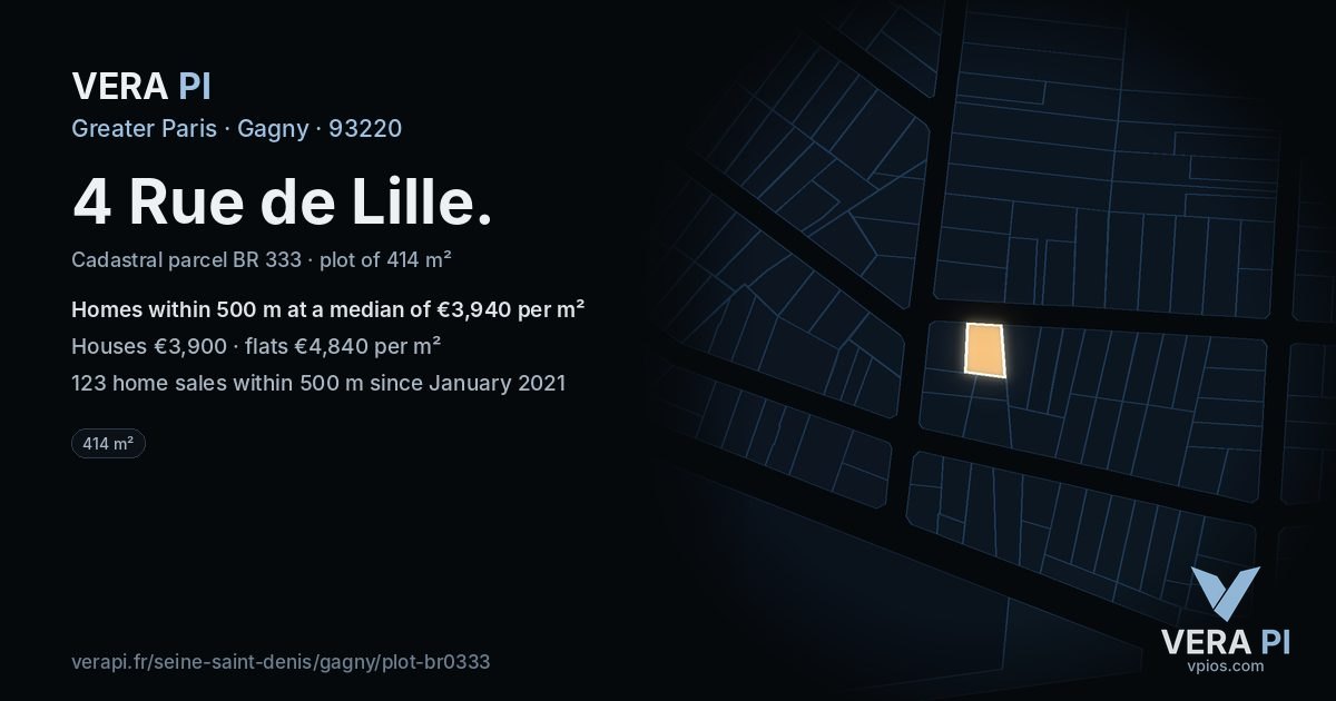 4 Rue de Lille, Gagny at night – the plot lit, the parcels around coloured by the prices near them