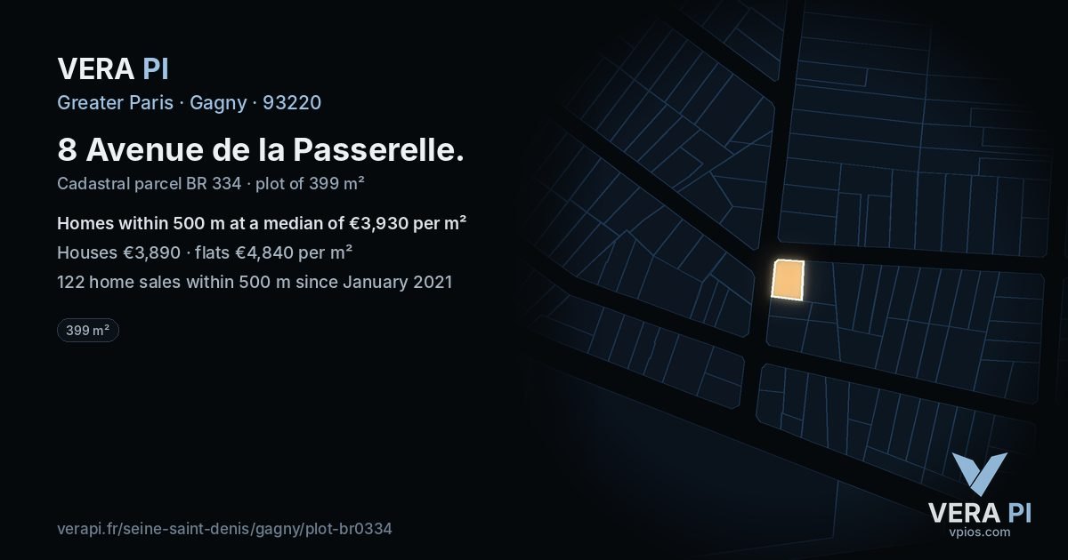 8 Avenue de la Passerelle, Gagny at night – the plot lit, the parcels around coloured by the prices near them