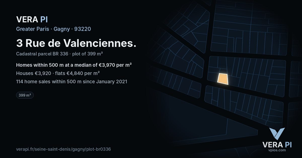 3 Rue de Valenciennes, Gagny at night – the plot lit, the parcels around coloured by the prices near them