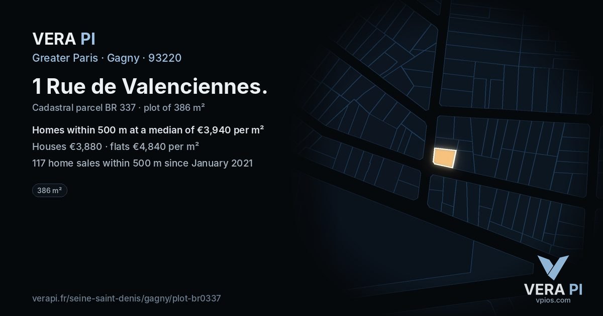 1 Rue de Valenciennes, Gagny at night – the plot lit, the parcels around coloured by the prices near them