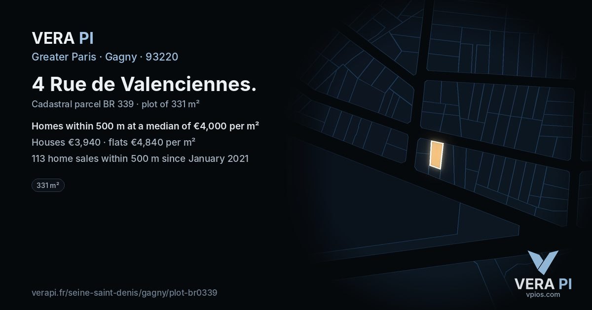 4 Rue de Valenciennes, Gagny at night – the plot lit, the parcels around coloured by the prices near them