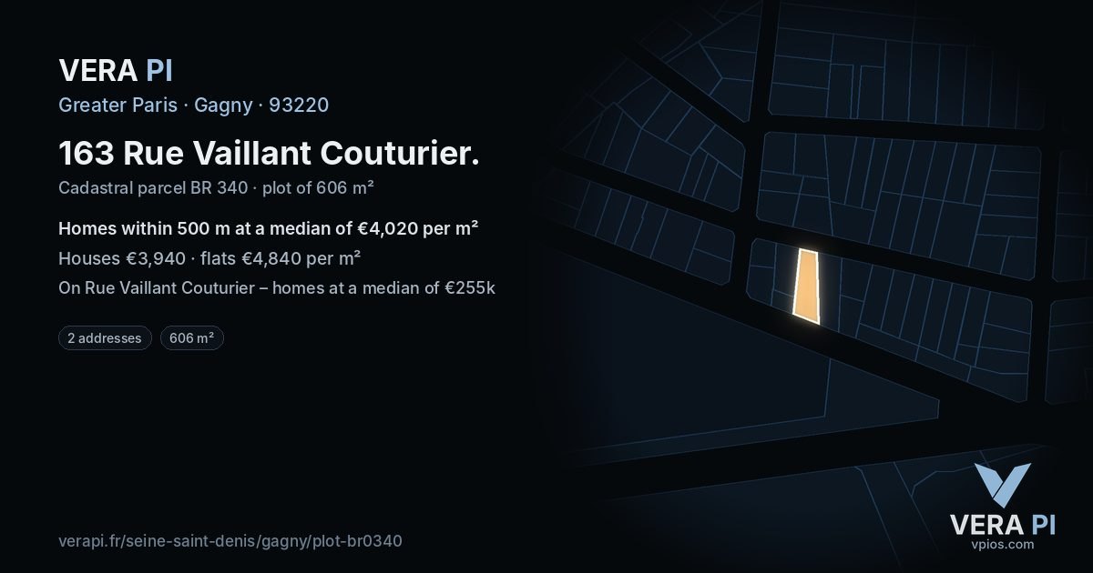 163 Rue Vaillant Couturier, Gagny at night – the plot lit, the parcels around coloured by the prices near them