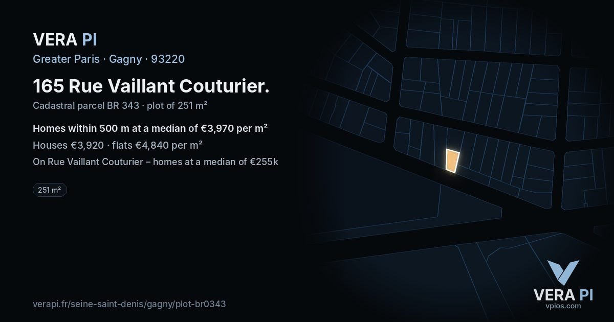 165 Rue Vaillant Couturier, Gagny at night – the plot lit, the parcels around coloured by the prices near them