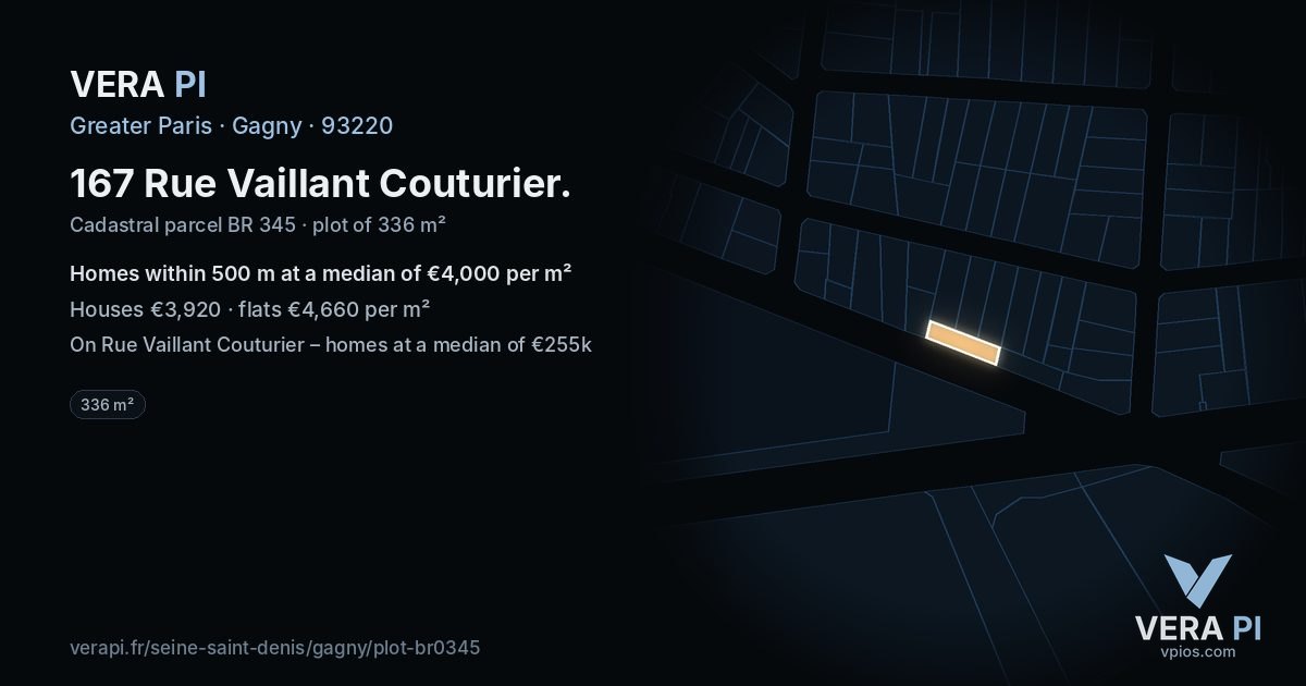 167 Rue Vaillant Couturier, Gagny at night – the plot lit, the parcels around coloured by the prices near them