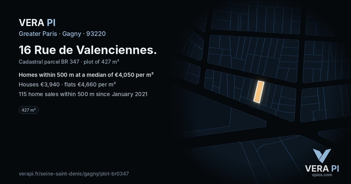 16 Rue de Valenciennes, Gagny at night – the plot lit, the parcels around coloured by the prices near them